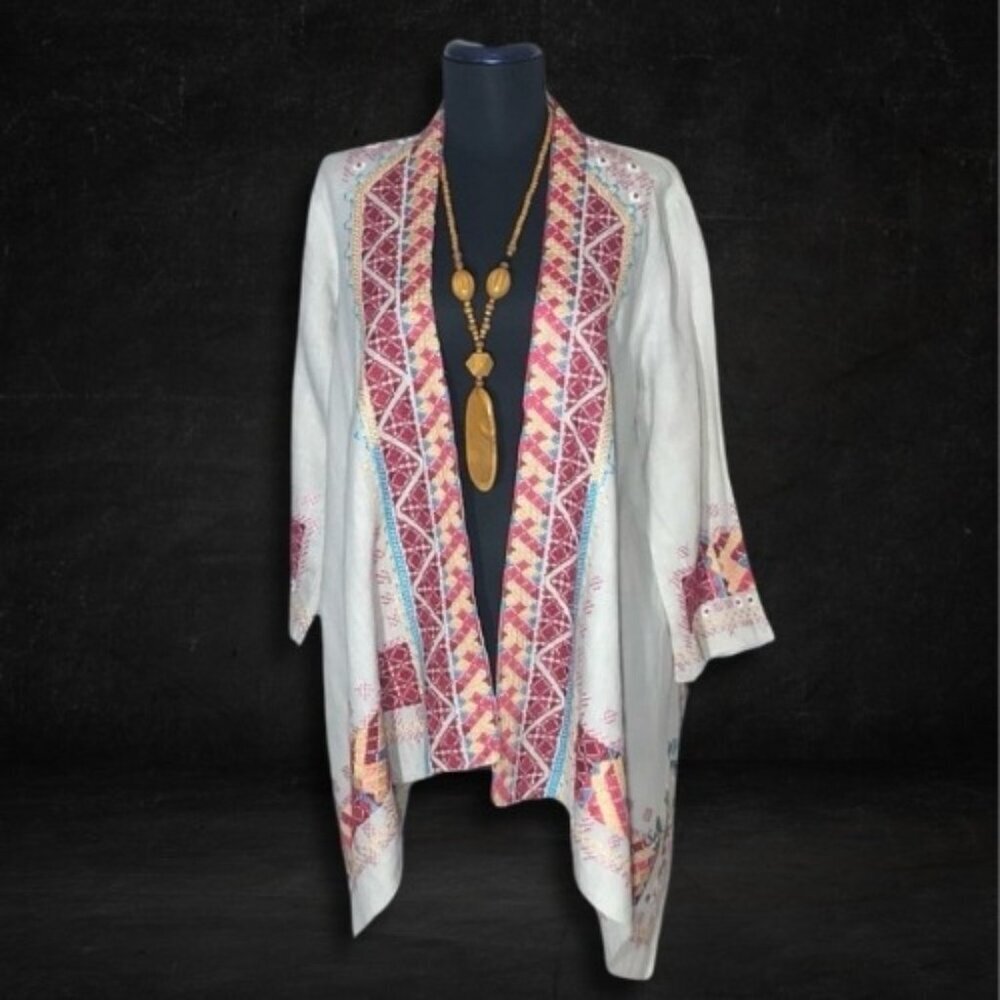 Johnny Was Kimono Cardigan Embroidered Linen Multicolor Medium